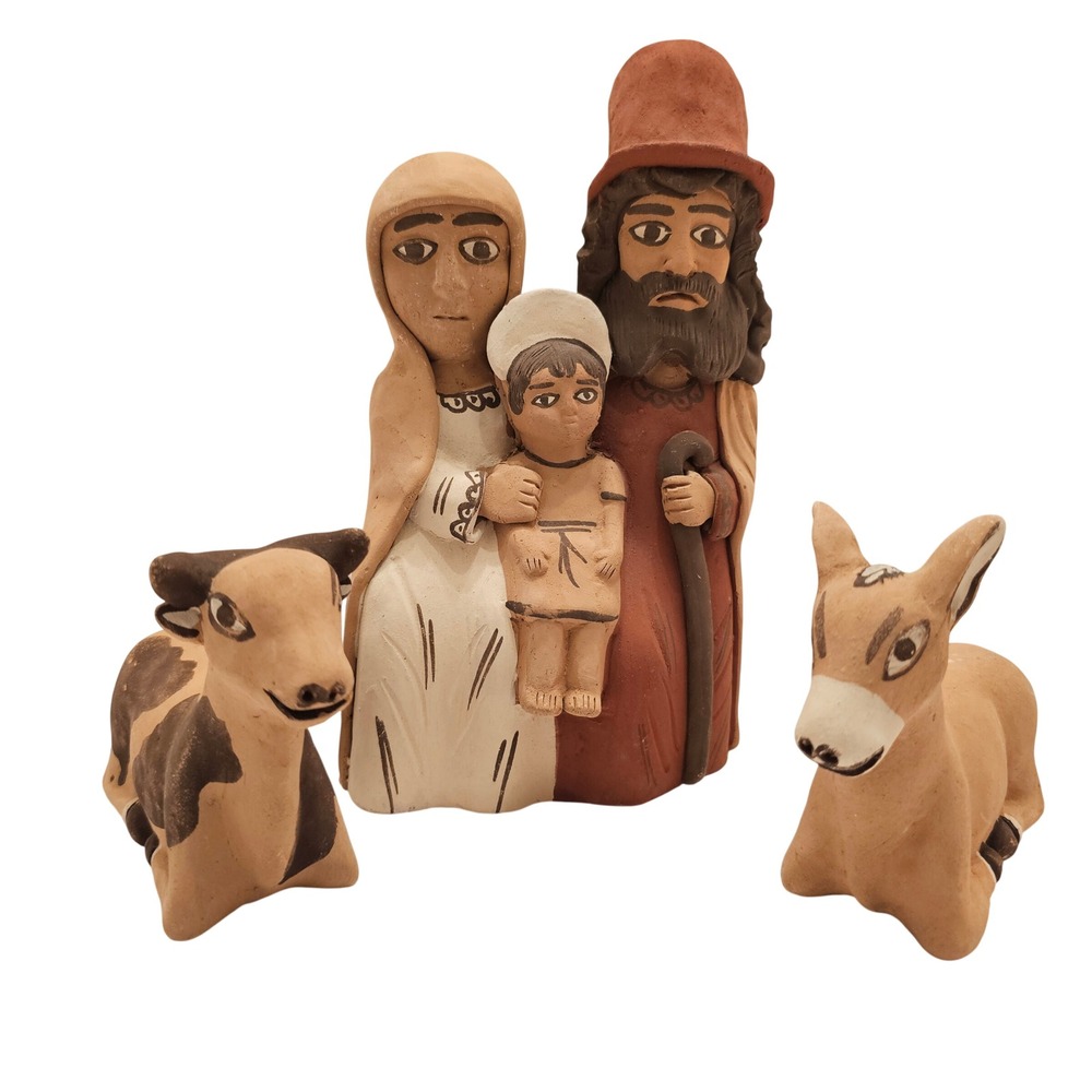 Vintage Folk Art Terracotta Nativity Set Holy Family Mary Joseph Jesus Animal3pc
